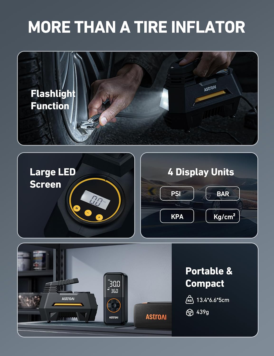 AstroAI AIRUN H Tire Inflator Portable Air Compressor,Fast Inflation Electric Air Pump for Car Tires-Car Accessories,9.8Ft Cord-12VDC-Powered Auto Shut-Off with Digital Pressure Gauge,LED Light,Yellow