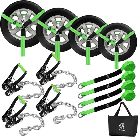 4 Pack Car Tie Down Straps for Trailers - 2" x 8' Heavy Duty Tire Straps with Snap Hooks - 10,000lbs Break Strength, Adjustable Lasso Style Wheel Straps for Hauling Cars, Truck, UTV(Green)