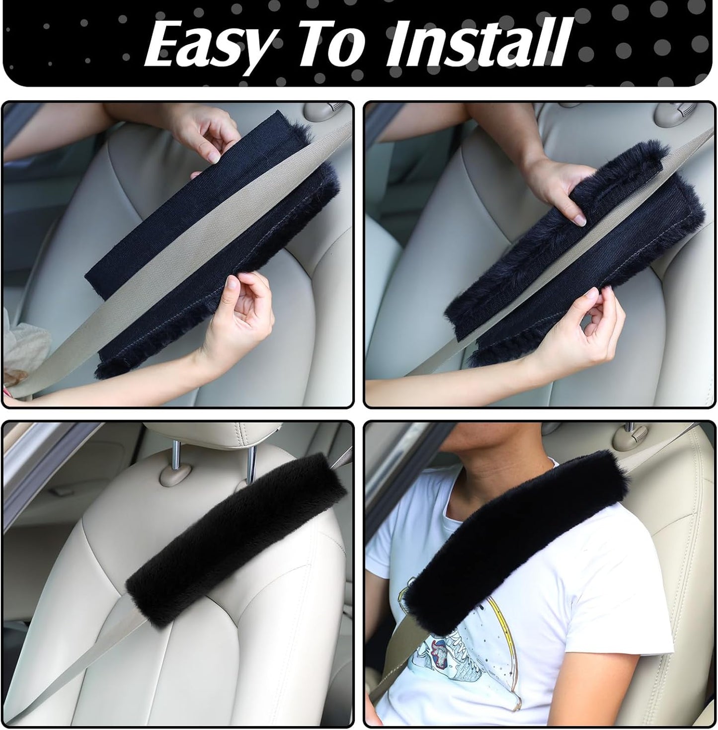 Boao 4 Pack Faux Sheepskin Car Seat Belt Pads Seatbelt Protector Soft Seat Belt Shoulder Strap Cover Comfort Harness Pad(Black, 9.9 Inch)