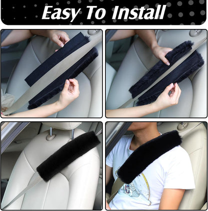 Boao 4 Pack Faux Sheepskin Car Seat Belt Pads Seatbelt Protector Soft Seat Belt Shoulder Strap Cover Comfort Harness Pad(Black, 9.9 Inch)