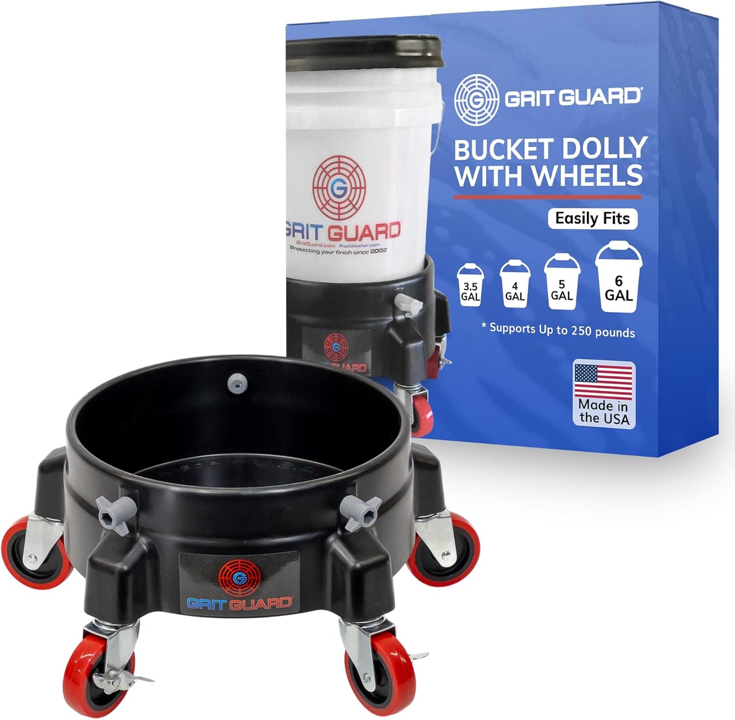 GRIT GUARD Bucket Dolly with Wheels - Rolling Detailing Wash Bucket with 5 Wheels and 2 Locking Casters Compatible with 2.5, 4, 5 and 6 Gallon Buckets (Black, 2" Red Casters) - Made in the USA