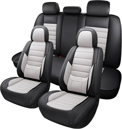 MINGBRON Car Seat Cover Full Set, Leather Car Seat Cover, Waterproof Seat Covers, Car Seat Cushion, Nappa Leather Seat Covers Car Seat Protector Universal Fit Most Cars Black