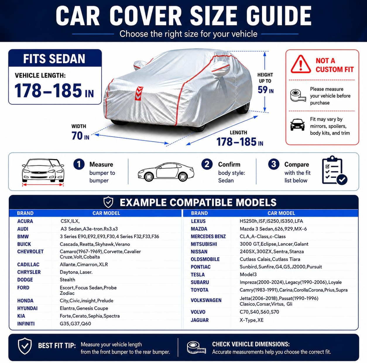 Car Cover for Sedan, Waterproof All Weather Heavy Duty, 360° Underbody Wrap Windproof Design, Quick Install Outdoor Vehicle Cover, Fits 186-193 in