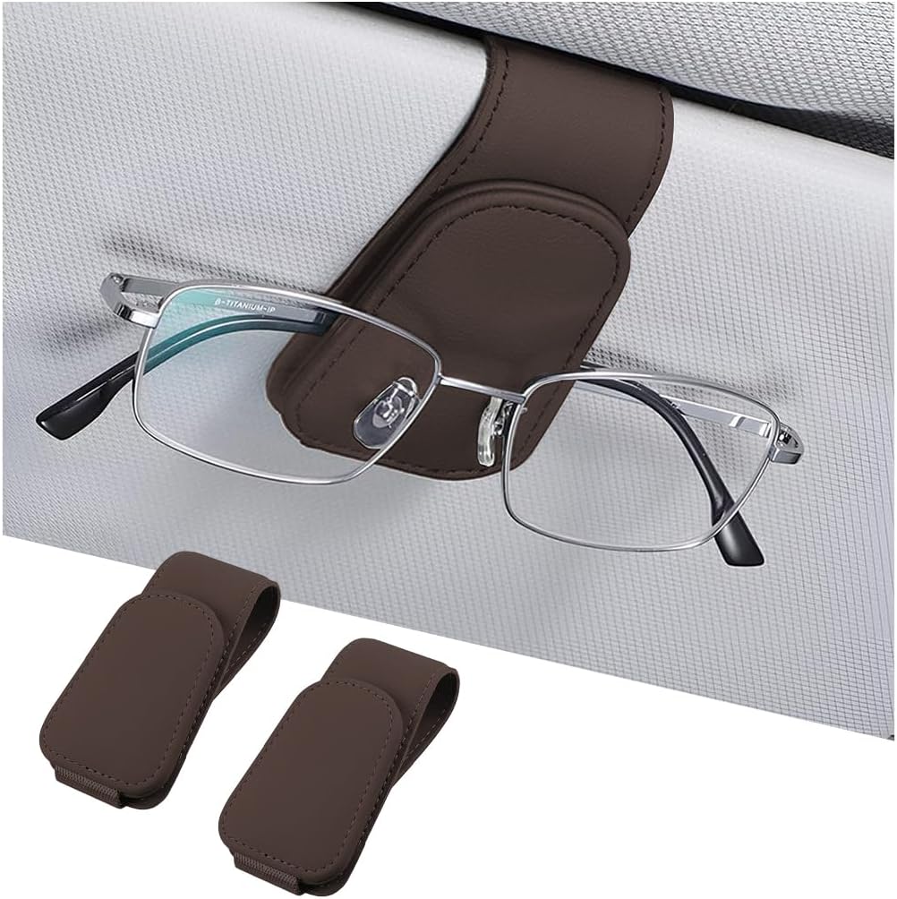 AICEL Sunglasses Holders for Car Sun Visor, Leather Eyeglasses Hanger Mounter, Magnetic Glasses Holder and Ticket Card Clip, Auto Interior Accessories Universal for SUV Pickup Truck