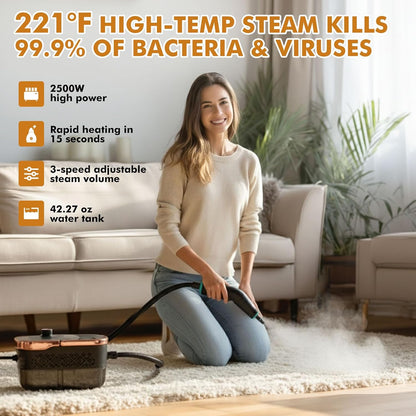 Steam Cleaner,15s Heat-Up 42.27oz Tank,2500W Pressurized Handheld Steam Cleaner for Home,Portable Steamer for Cleaning with 15 pcs Accessories,Grease,Grout,Furniture,Bed Bugs,Floor,Couch and Car