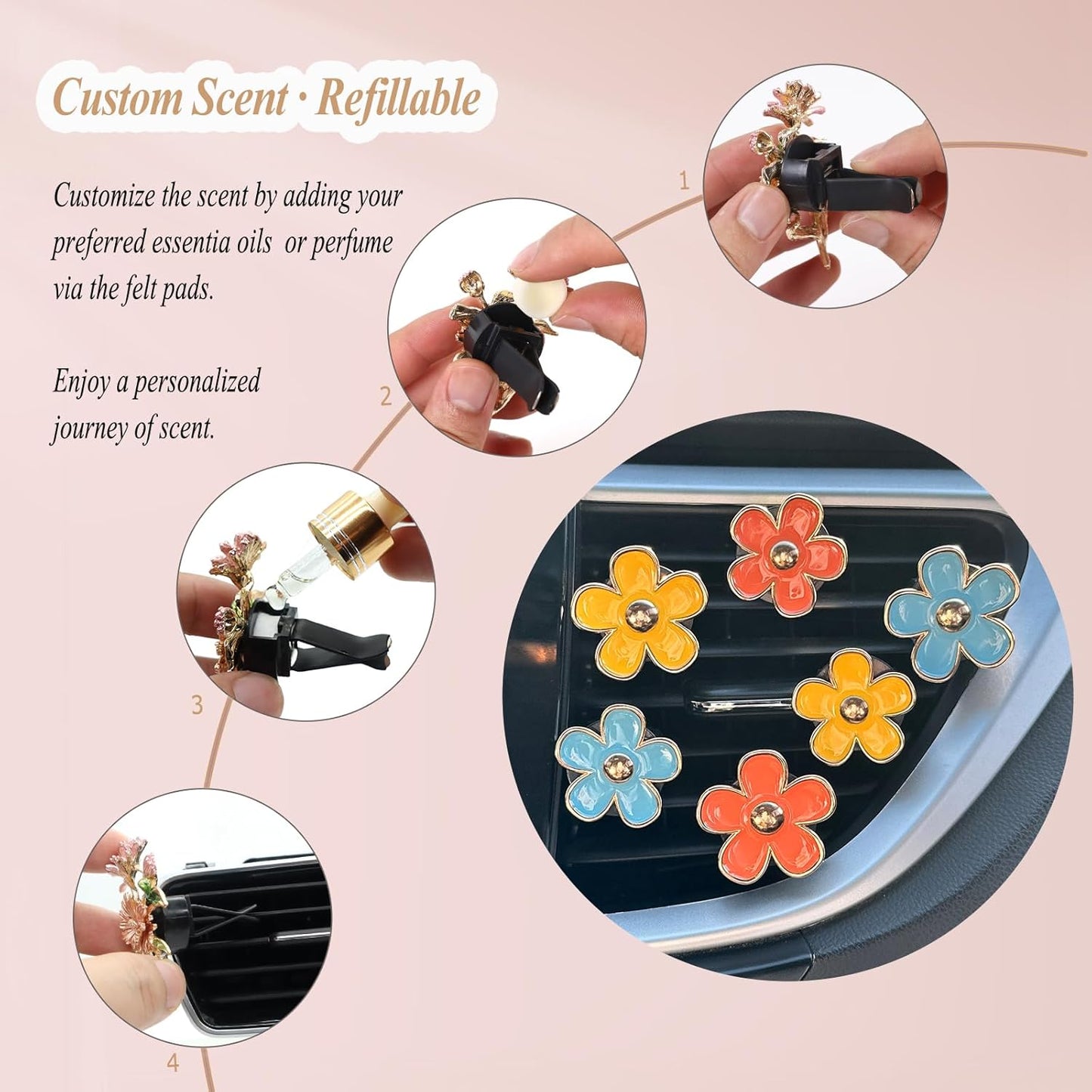 ORIESSE 6pcs Flowers Car Air Freshener Vent Clips Purple White Daisy Air Vent Clip Car Accessories for Women 3.3cm/3cm Flower Vehicle Interior Decor Refillable Diffuser