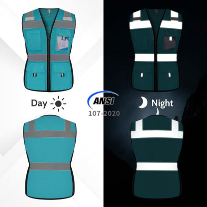 Reflective Vest for Women, Mesh Womens Safety Vest with 11 Pockets and Zipper, Hi Vis Neon Construction Work Vest for Lady Surveyors/Workers, Snugly-Fitted, ANSI Compliant (U-Yellow, S)