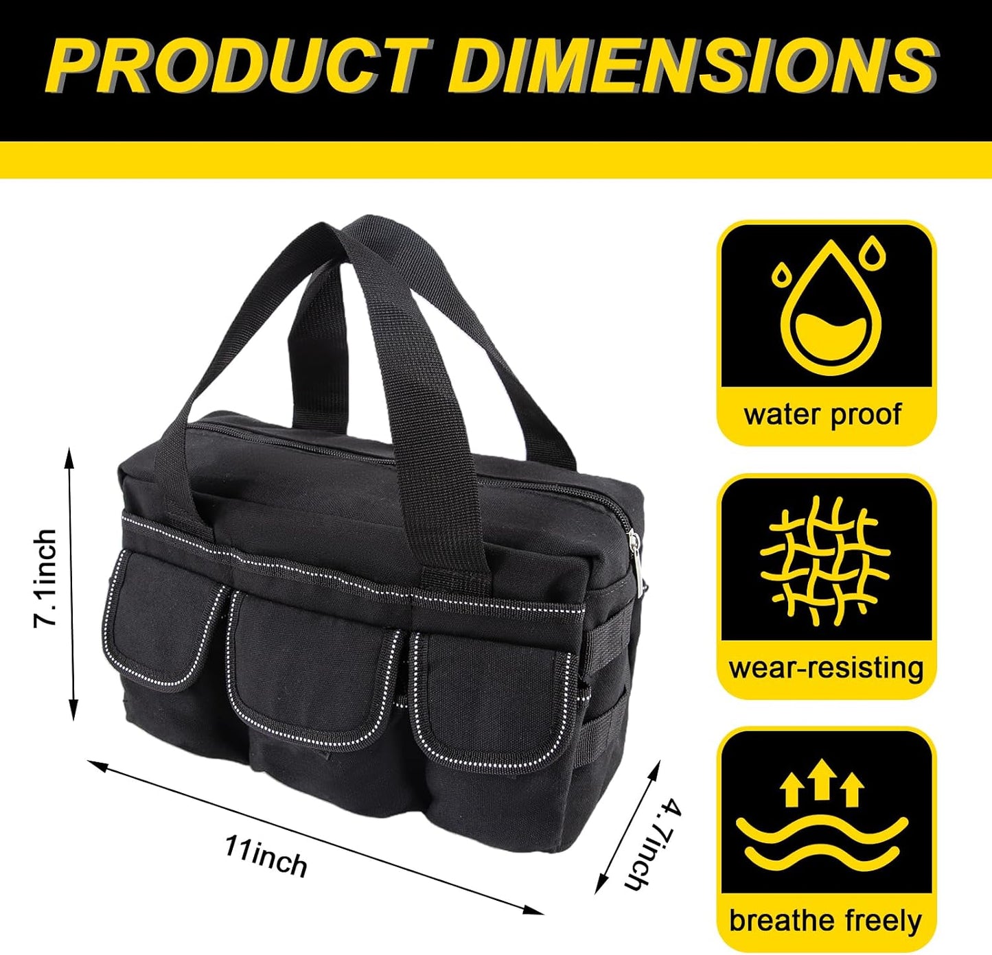 Small Tool Bag,Close Top Wide Mouth Tool Organizer Bag,Large Capacity Tool Bags for Men,Canvas Tool Storage Bag for Storage Handbag for Screwdrivers,Wrench,Pliers Hand Tools (black, 12 Inch)