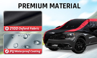 Car Cover Waterproof All Weather Protection with Red Stripe Design, Universal Fit Toyota Camry Solara, Ford Fusion, Kia Stinger Optima, Nissan Maxima, VW Passat, Subaru Legcy