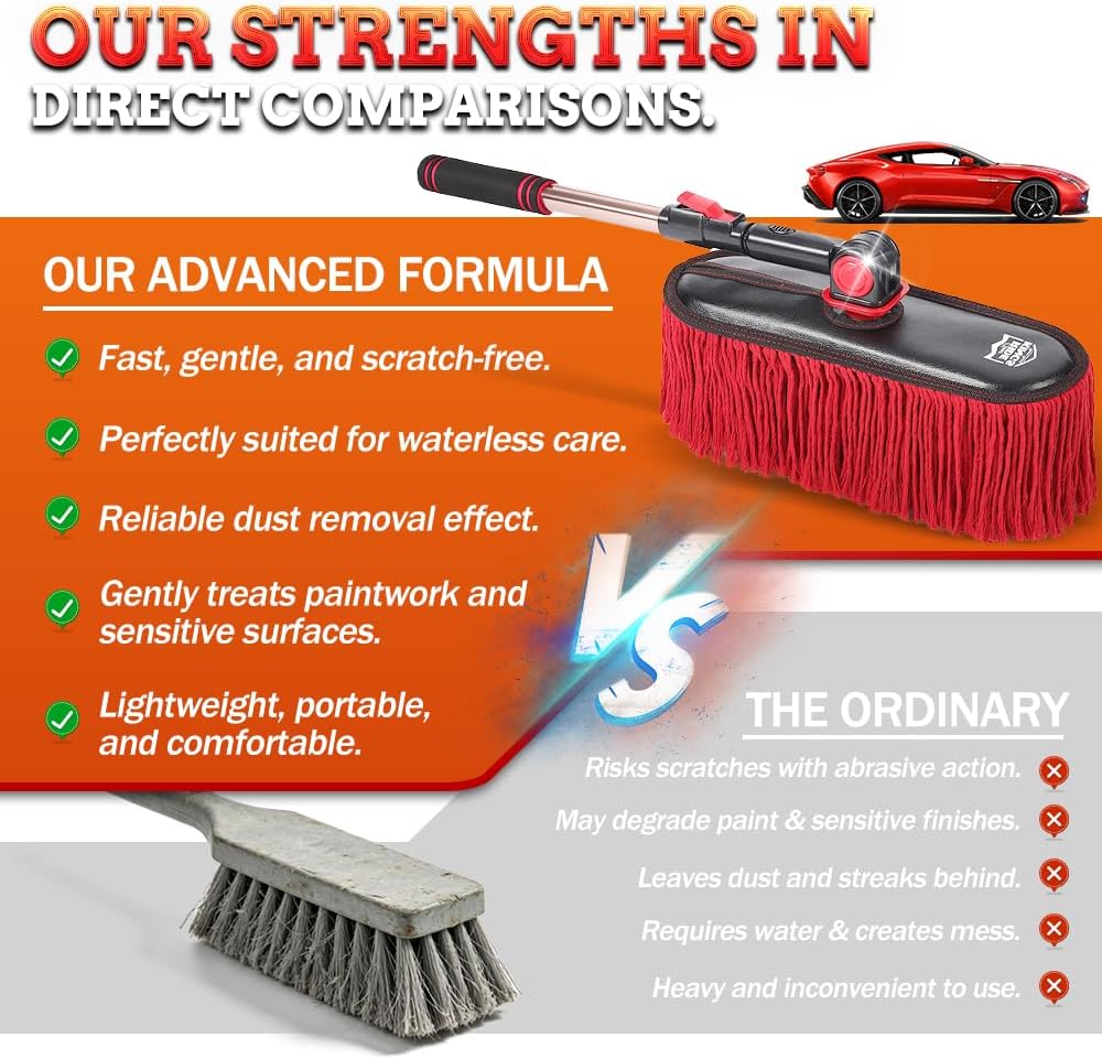 Car Duster Exterior Scratch Free,Car Dust Brush with Extendable Telescoping Handle to Remove Dust Pollen,Duster for Car,Truck,RV and Motorcycle,Large Auto Mop Duster Head, Wax Cotton Hair