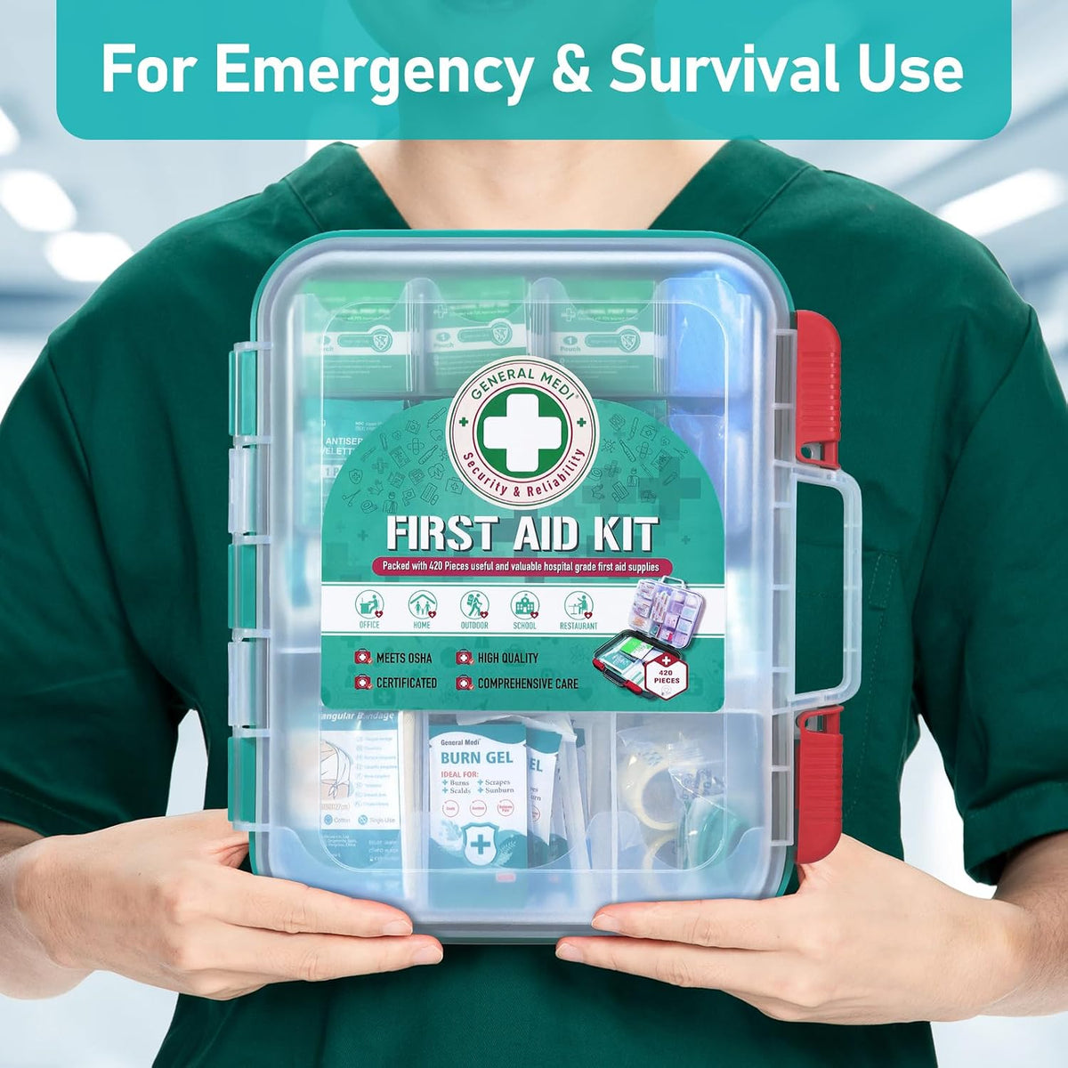 General Medi 110 Pieces Small First Aid Kit - HardCase First Aid Box - Contains Premium Medical Supplies for Travel, Home, Office, Vehicle, Camping, Workplace & Outdoor