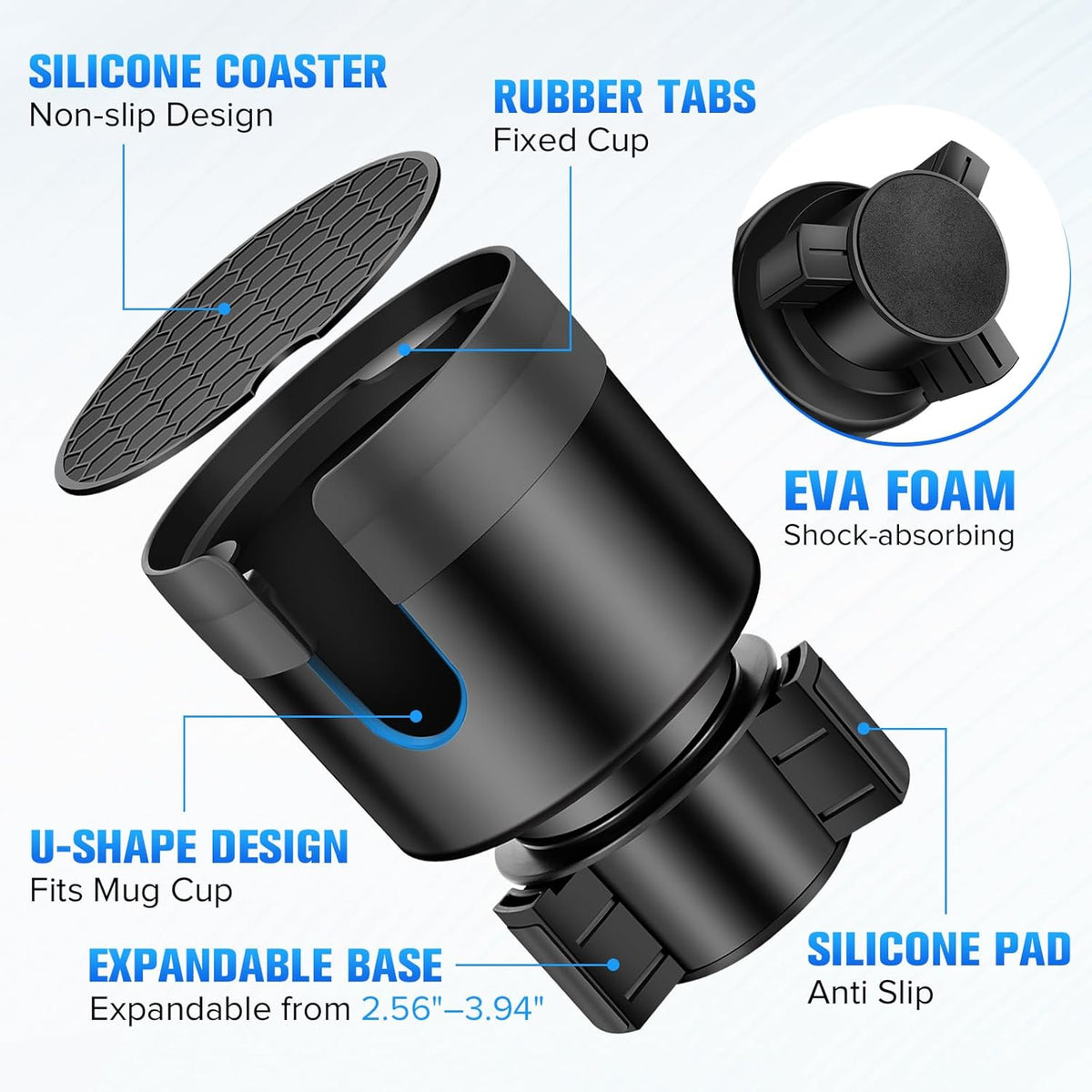 Car Cup Holder Expander, Automotive Cup Holders for Car with Adjustable Base and Rubber Pad, Fits Most Bottles 20-40 oz (3.4"–3.8" Diameter), Black