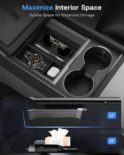 Center Console Organizer Tray for Tesla Model Y Juniper 2026 2025 (Premium & Performance), 8PCS - PC Material & Silent Silicone Armrest Storage Box Bottom Liners Wireless Charging Pad Cup Holder