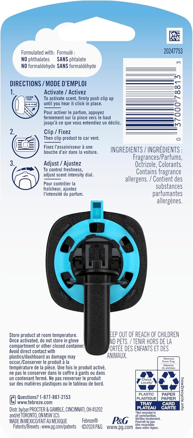 Febreze Car Air Freshener Vent Clip Platinum Ice Scent, .07 oz. Car Vent Clip, Pack of 4
