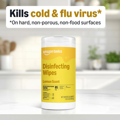 Amazon Basics Disinfecting Wipes, Lemon & Fresh Scent, Sanitizes, Cleans, Disinfects, Deodorizes, 340 Count (4 Packs of 85), Packaging May Vary