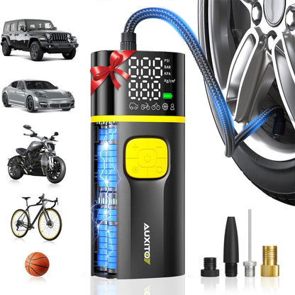 AUXITO Tire Inflator Portable Air Compressor - 150PSI Bike Pump 1Min Fast Inflate with Tire Pressure Gauge, 5200 mAh, LED Light, Car Accessories Air Pump for Auto, Moto, Bike Car Gifts for Men