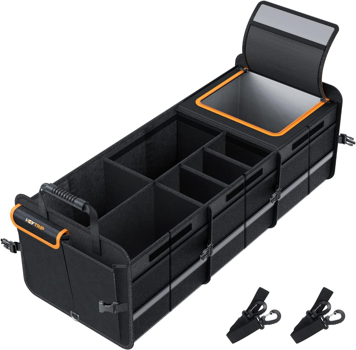 HEYTRIP Large Trunk Organizer With Built-in Leakproof Cooler Bag, 2 Tie-Down Straps, 4 Removable Dividers, Foldable Cover, Built with 2mm PE Board