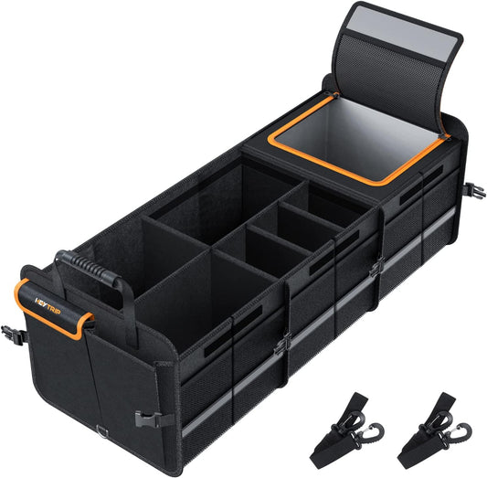HEYTRIP Large Trunk Organizer With Built-in Leakproof Cooler Bag, 2 Tie-Down Straps, 4 Removable Dividers, Foldable Cover, Built with 2mm PE Board