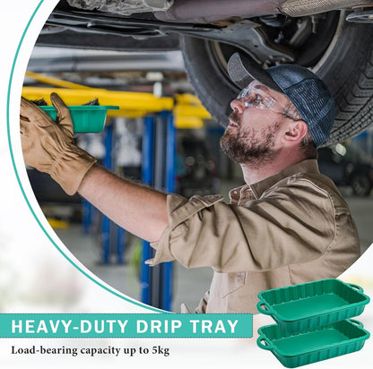 Baderke 2 Pcs 19.7 x 15.4 x 4 Inch Oil Drain Pans Green Oil Drip Tray Automotive Catch Pan 2 Gallon Square Green Container for Under Car to Keep Floor Clean