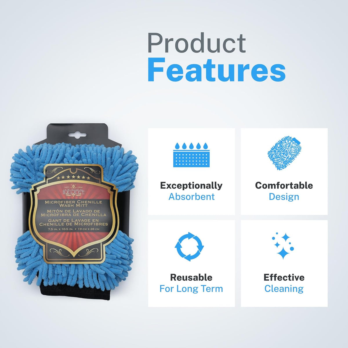 S.M. Arnold Snow White Professional Heavy-Duty Chenille Wash Mitt 8" x 11" - Ultra-Soft, Absorbent, Scratch-Free Car Wash Glove with Cuff, Ideal for Auto Detailing, Car Care, and Home Cleaning