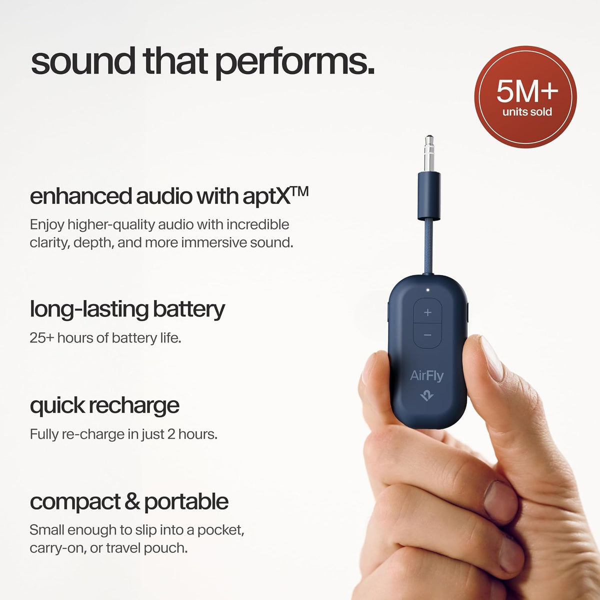 AirFly Pro 2 Deluxe – Bluetooth Adapter for Airplane, Pair 2 AirPods or Wireless Headphones – 3.5mm AUX Bluetooth Transmitter/Receiver for Cars, Boats, Treadmills, TVs – Airplane Travel Essentials