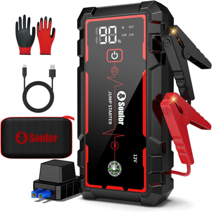 Jump Starter, Battery Jumper Starter Portable, Car Battery Jump Starter with 3 Modes Flashlight, Compass, Power Bank and Jumper Cable