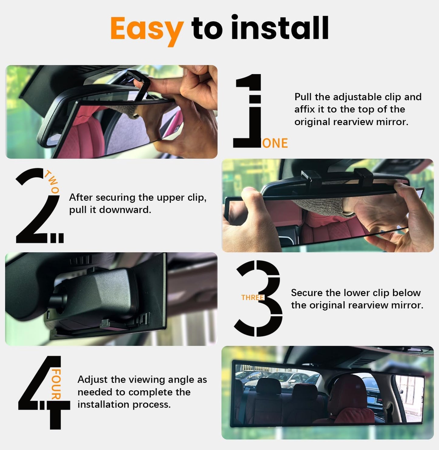 Rear View Mirror, Chrome Anti-glare Panoramic Rear Mirrors Universal 10 Inch Convex Car Interior Clip on Extra Big Wide Angle Rearview Mirror Extender to Reduce Blind Spot for Car SUV