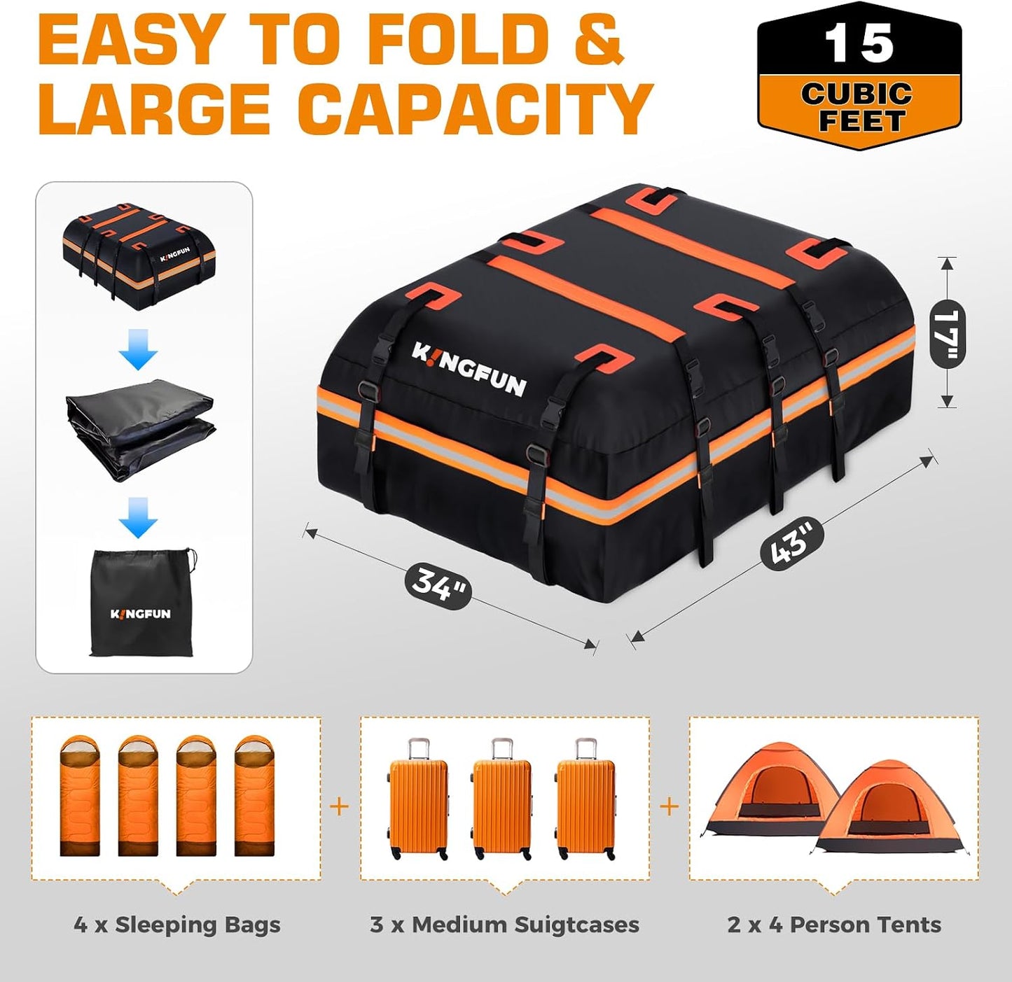Kingfun Car Rooftop Cargo Carrier – Waterproof 20 Cubic Feet Car Roof Bag Fit All Vehicles with/Without Roof Racks, Includes Anti-Slip Mat, 8 Reinforced Straps & 6 Door Hooks, Luggage Locks（Black）