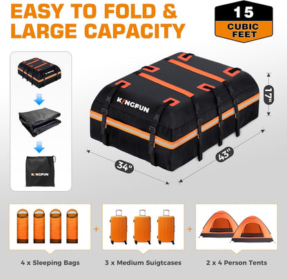 Kingfun Car Rooftop Cargo Carrier – Waterproof 20 Cubic Feet Car Roof Bag Fit All Vehicles with/Without Roof Racks, Includes Anti-Slip Mat, 8 Reinforced Straps & 6 Door Hooks, Luggage Locks（Black）