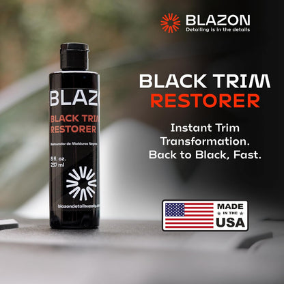 BLAZON Black Trim Restorer – Dye-Infused Plastic Restorer for Faded Exterior Trim, Deep Black Finish, Scratch Correction, Long-Lasting Durability & UV Protection - 8 oz