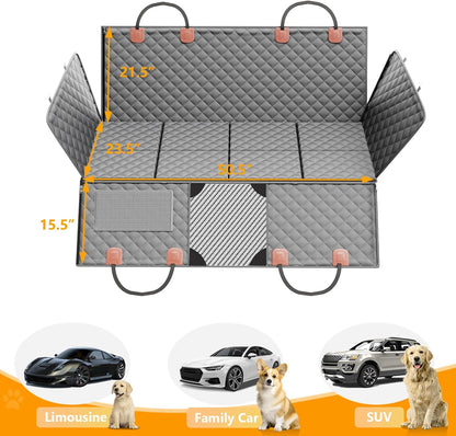 PETICON Back Seat Extender for Dogs, Hard Bottom Dog Car Seat Cover - Supports 400lbs, Rear Seat Pet Cover with Mesh Window, Waterproof Dog Hammock for Car SUV