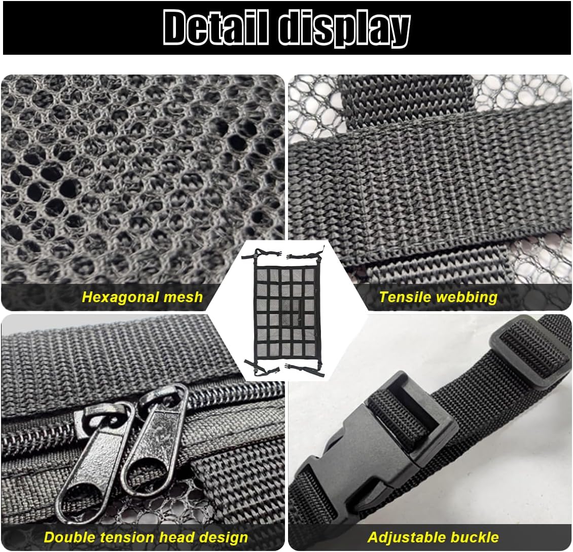 Car Ceiling Cargo Net Pocket, 30" x 21.2", Droop Less Car Storage Organizer, Strengthen Load Bearing Double Layer Mesh Organizer, SUV, Trucks, Camping, Road Trip Essentials