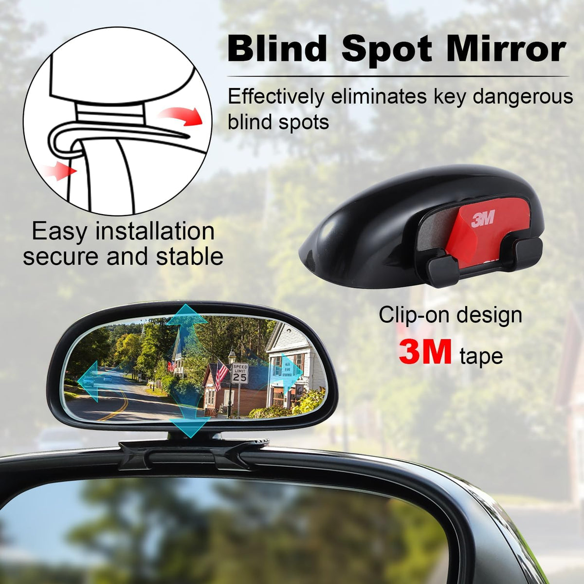 LivTee 2PCS Round Blind Spot Mirror, HD Glass and ABS Housing Convex Wide Angle Rearview Mirror with Adjustable Stick for Universal Car, Black