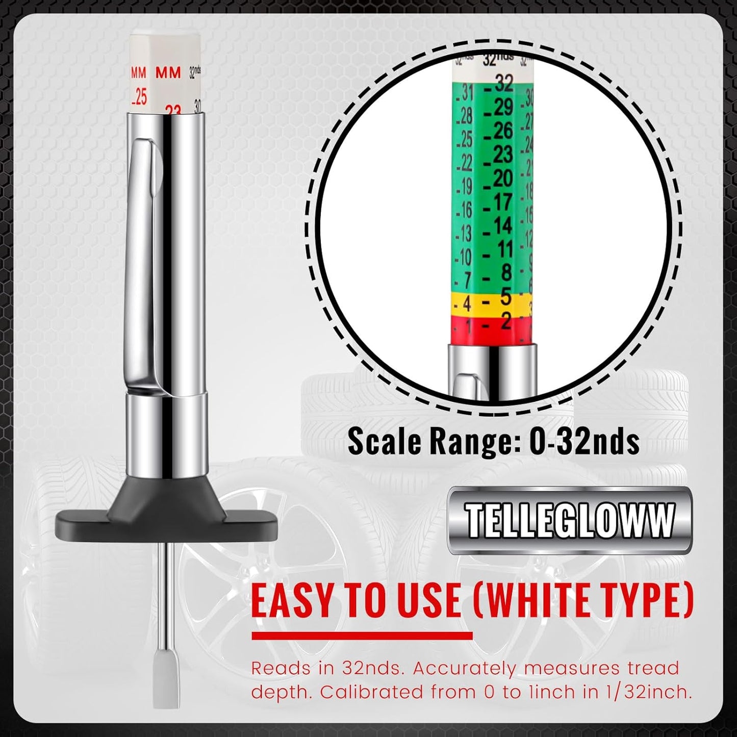 Tellegloww 50 Pcs Tire Tread Depth Gauge Color Coded Tyre Depth Gauge Tool Tread Accurate Measure Tools Metric Gauges for Car Trucks Various Vehicle (White and Green)