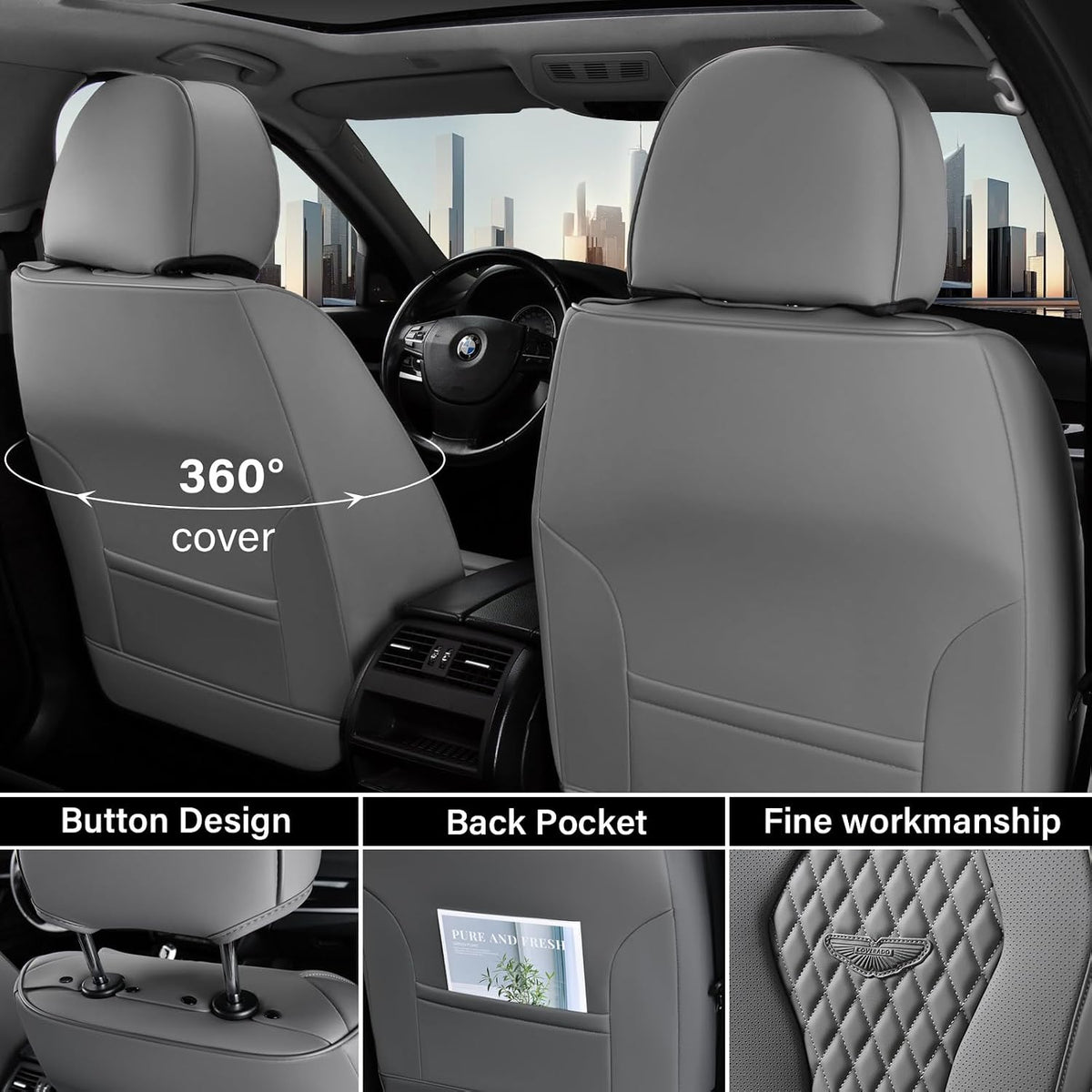 Coverado Seat Covers, Car Seat Covers Full Set, Black Car Seat Cover, Car Seat Covers Front Seats Back Seat Cover, Waterproof Car Seat Cushion, Leather Seat Covers Seat Protector Fit for Most Cars