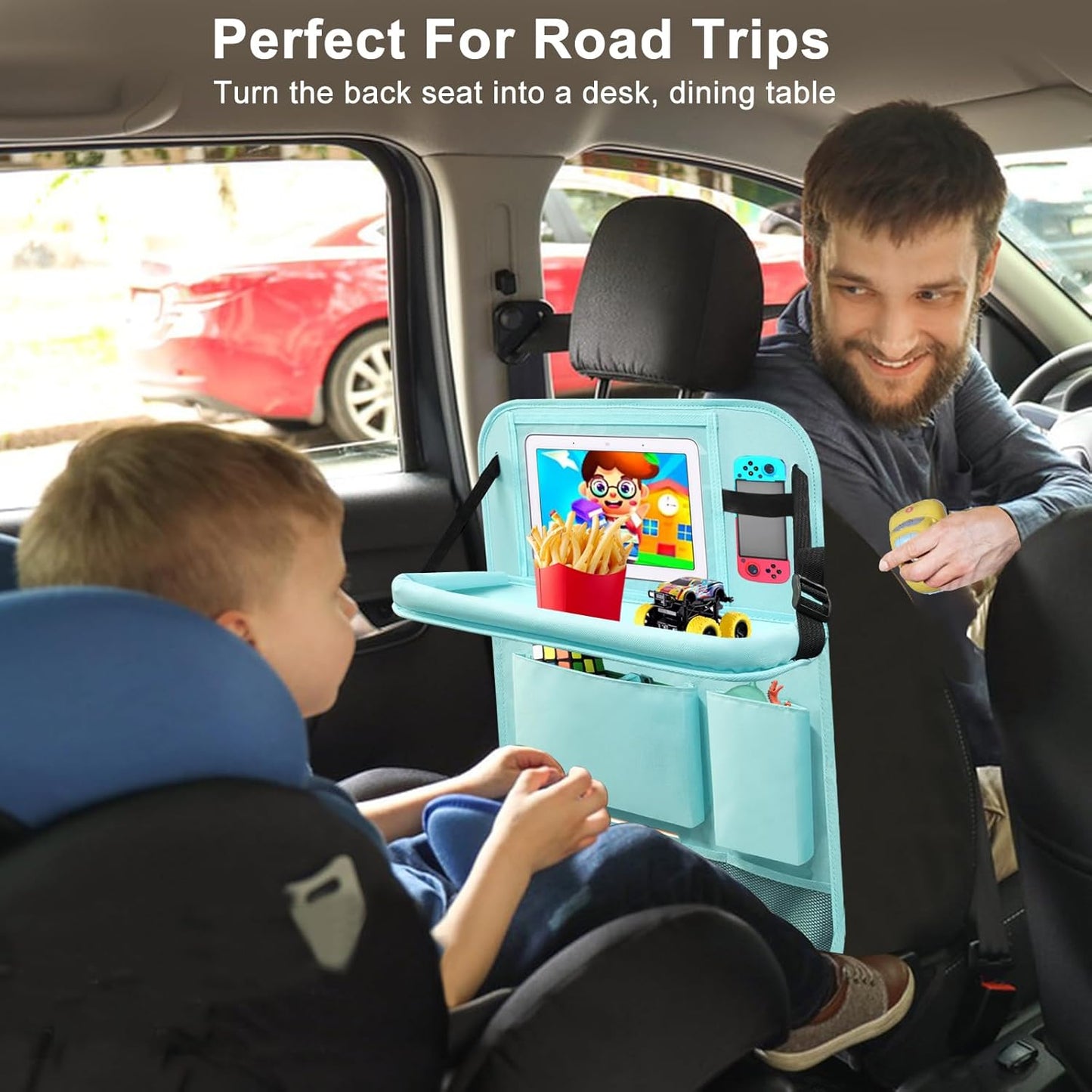 2Pack Car Backseat Organizer with Foldable Table Tray,6 Storage Pockets Car Storage Organizer with Tablet Holder,Car Seat Back Protectors Kick Mats Travel Accessories (Black)