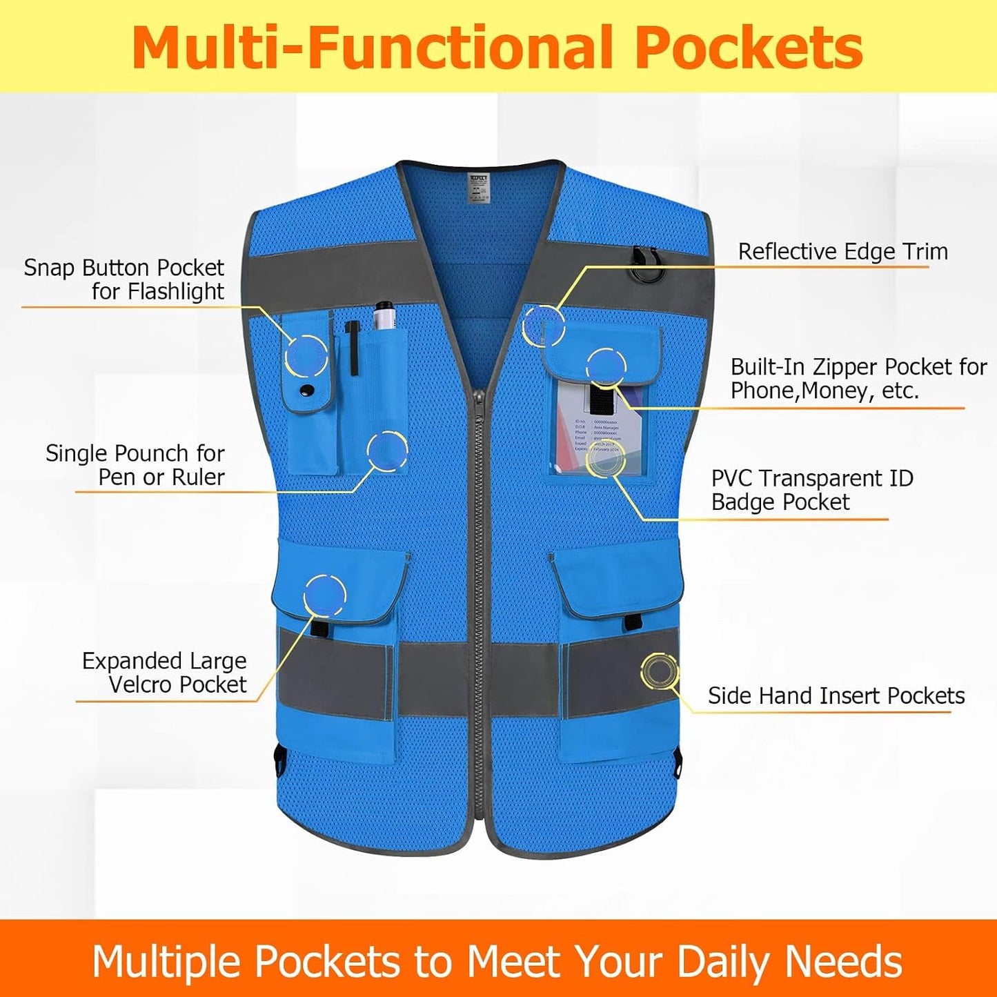 TCCFCCT Safety Vest for Men Women 9 Pockets High Visibility Vest for Safety, Reflective Work Vest with Reflective Strips, Meets ANSI/ISEA Standards, (Yellow, Large)