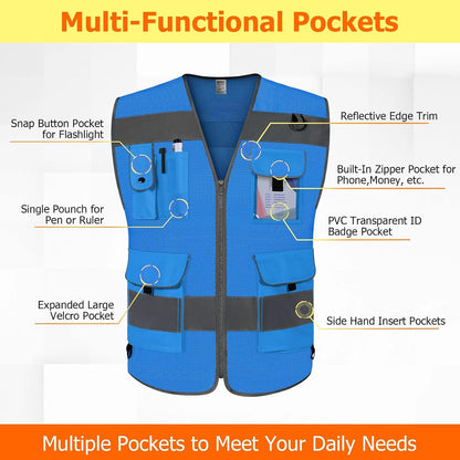 TCCFCCT Safety Vest for Men Women 9 Pockets High Visibility Vest for Safety, Reflective Work Vest with Reflective Strips, Meets ANSI/ISEA Standards, (Yellow, Large)