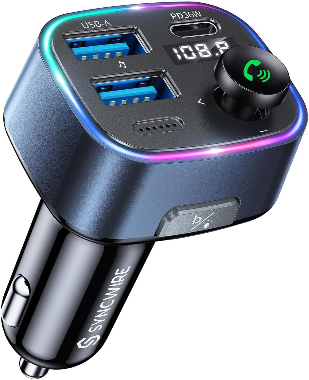 Syncwire Bluetooth 5.4 FM Transmitter Car Adapter 48W (PD 36W & 12W) [Light Switch] [HiFi Bass Sound] [Fast Charging] Wireless Radio Music Adapter LED Display Hands-Free Calling Support USB Drive
