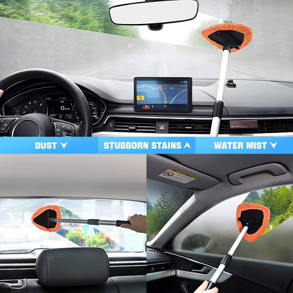 Windshield Cleaning Tool, Car Window Cleaner with Extendable Long Handle and 4 Washable Reusable Microfiber Pads, Auto Interior Exterior Glass Wiper Cleaning Kit Universal for Office and Home (Blue)
