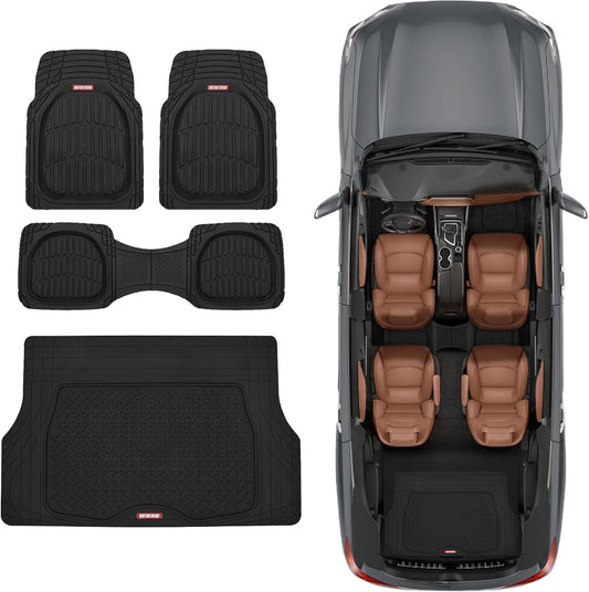 Motor Trend Original FlexTough Black Rubber Car Floor Mats with Cargo Liner - All Weather Automotive Floor Mats, Heavy Duty Trim to Fit Design, Odorless Floor Liners for Cars Truck Van SUV