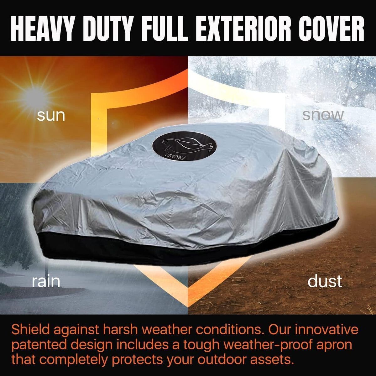Heavy Duty Outdoor Car Cover with Patented Weighted Ground Conforming Apron Seal – Wind Resistant, Dust, & Water Protection for Automobiles - Sports Size 189 L x 75 W x 67 H inch Max