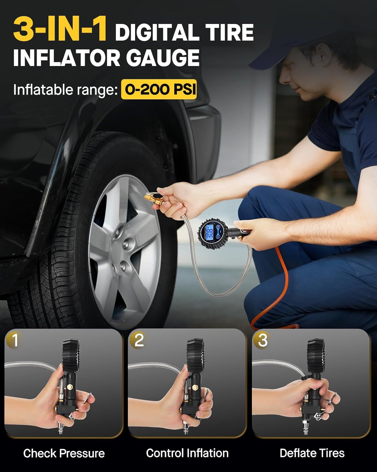 Tire Pressure Gauge - (0-60 PSI) Heavy Duty, Certified ANSI Accurate with Large 2 Inch Easy to Read Glow Dial, Low - High Air Pressure Gauge. Tire Gauge for Car and Trucks Tires by Vondior