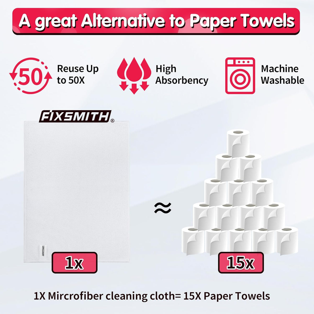 FIXSMITH Microfiber Cleaning Cloth - Pack of 50, Microfiber Towels for Cars 16 x 12 in, Highly Absorbent Cleaning Rags, Lint-Free, Streak-Free Cleaning Cloths for Car Kitchen Home Office