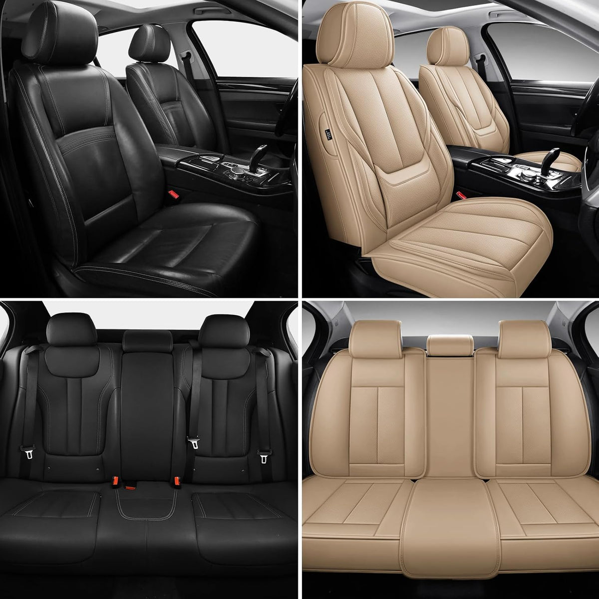 MINGBRON Car Seat Cover Full Set, Leather Car Seat Cover, Waterproof Seat Covers, Car Seat Cushion, Nappa Leather Seat Covers Car Seat Protector Universal Fit Most Cars Black