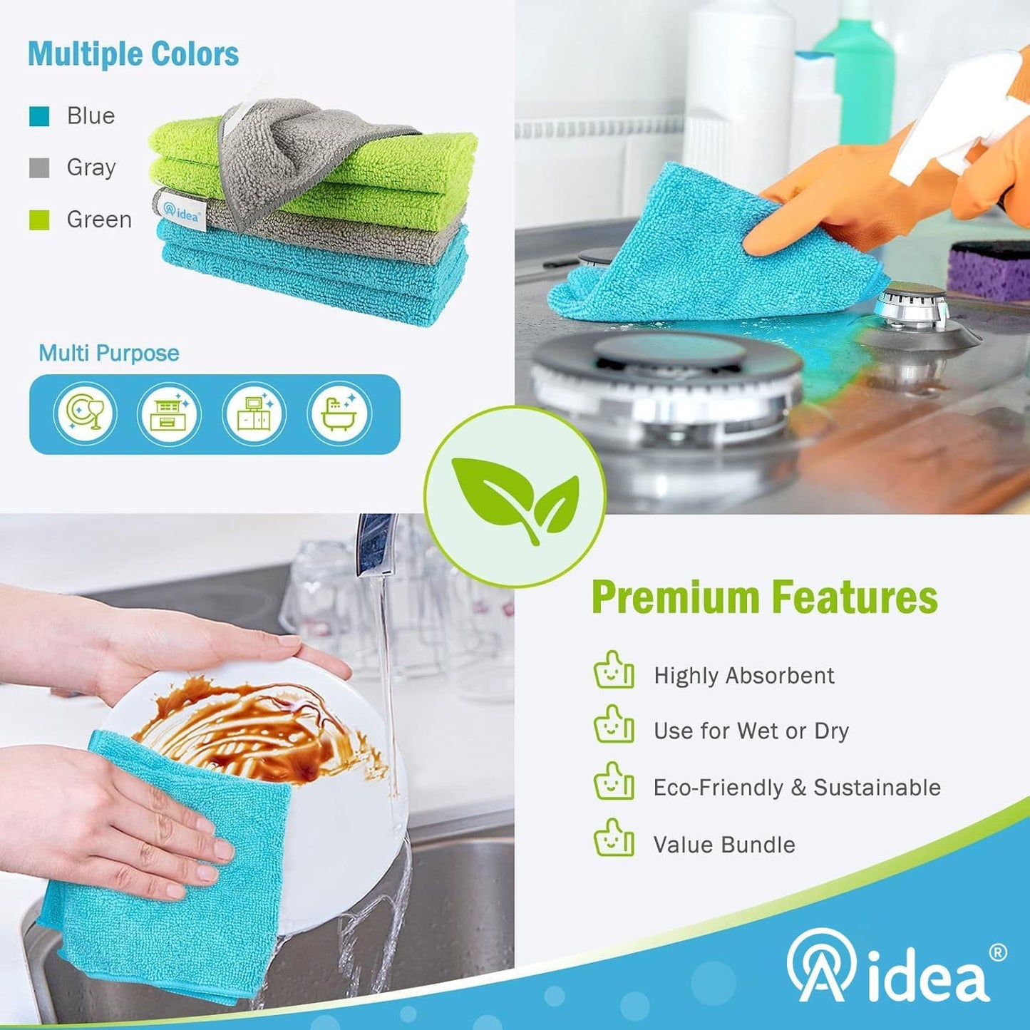 AIDEA Microfiber Cleaning Cloth-12PK, Soft Microfiber Towels for Cars, Absorbent Cleaning Rags, Lint-Free Streak-Free Wash Cloths for House, Kitchen, Window(12in.x12in), Black
