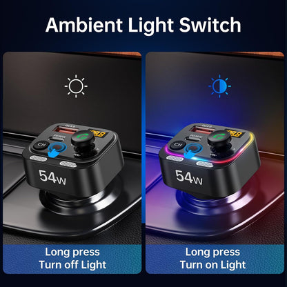 Syncwire Bluetooth 5.4 FM Transmitter Car Adapter 54W (PD 36W & 18W) [Stronger Dual Mics] [Light Switch] [HiFi Bass Sound] [Fast Charging] Wireless Radio Receiver Hands-Free Calling LED Display