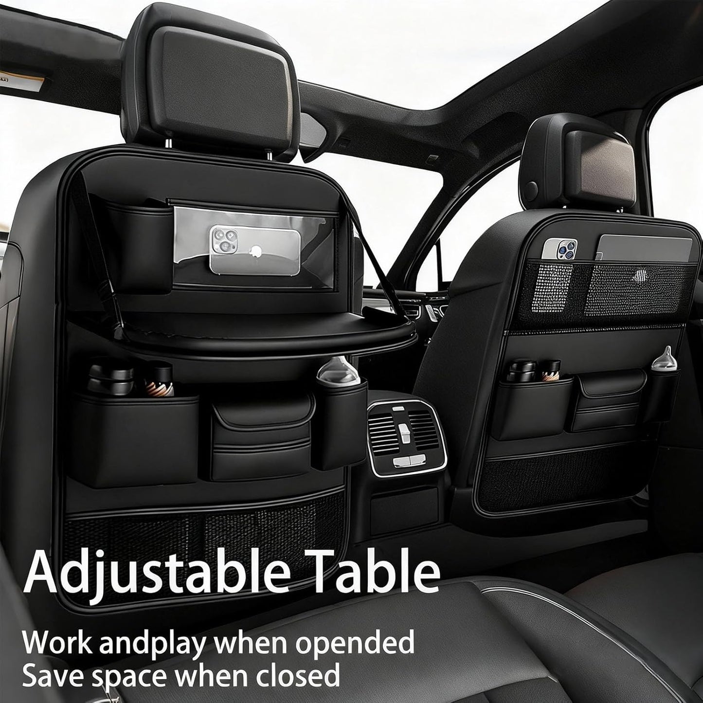 2 Pack Leather Car Backseat Organizer with Foldable Table Tray, Universal Car Seat Back Protector Kick Mat with Touchscreen Tablet Holder, Storage Pockets, Cup Holders & Tissue Holder, Black
