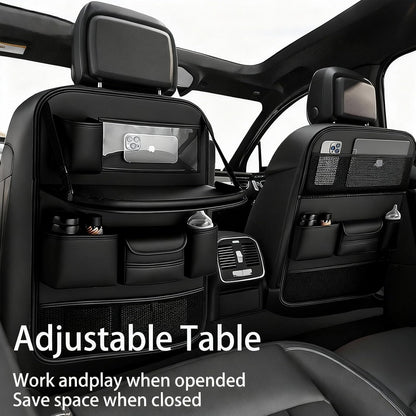 2 Pack Leather Car Backseat Organizer with Foldable Table Tray, Universal Car Seat Back Protector Kick Mat with Touchscreen Tablet Holder, Storage Pockets, Cup Holders & Tissue Holder, Black