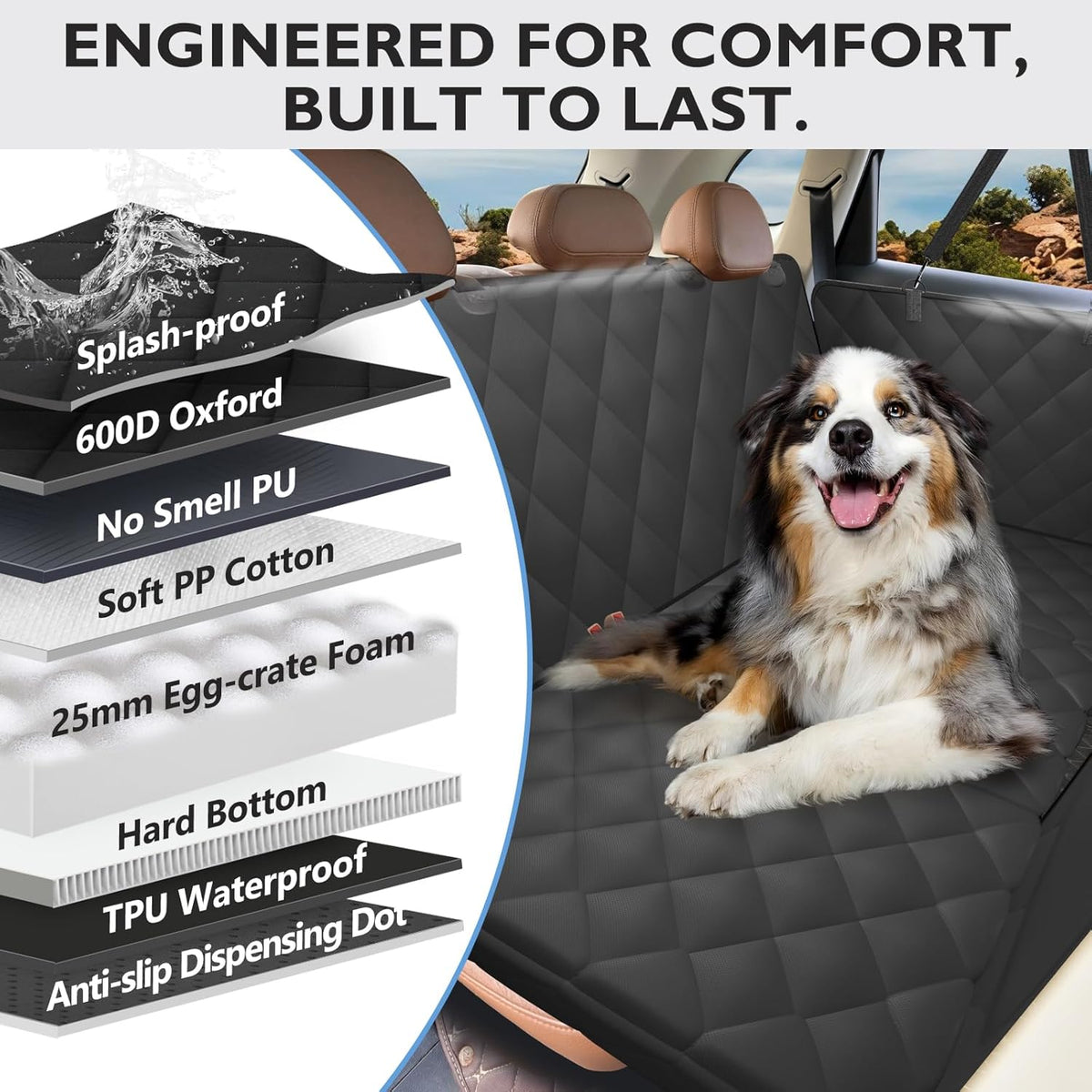 Back Seat Extender for Dogs-Large Space, Dog Car Seat Cover Hard Bottom Holds 420lbs, Sturdy Backseat Extender for Dogs,Upgraded Waterproof Pet Car Bed Dog Hammock for Car, SUV,Truck, Black